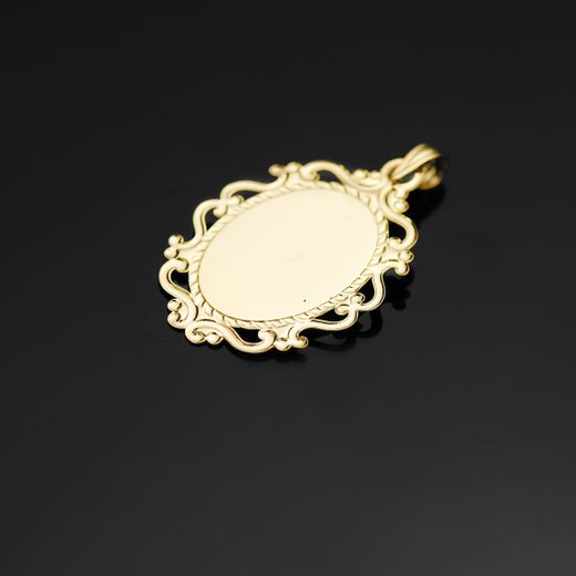 18K Medalla Oro Amarillo Virgen Niña Cerco Calado En Brillo. 31 X 21 Mm