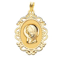 18K Medalla Oro Amarillo Virgen Niña Cerco Calado En Brillo 31X21 Mm