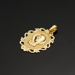 18K Medalla Oro Amarillo Virgen Niña Cerco Calado En Brillo 31X21 Mm