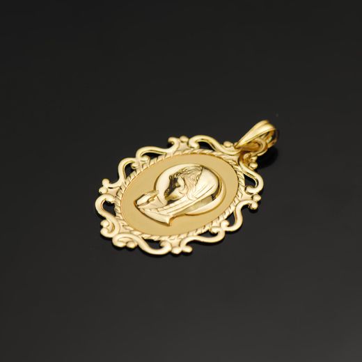 18K Medalla Oro Amarillo Virgen Niña Cerco Calado En Brillo 31X21 Mm