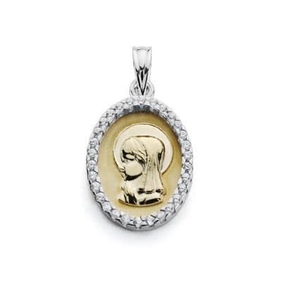 18K Medalla Oro Amarillo Virgen Niña Circonita 20X13 Mm
