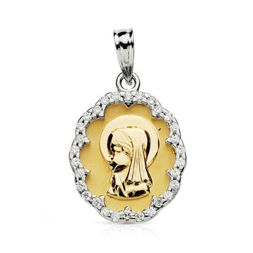 18K Medalla Oro Amarillo Virgen Niña Circonita 20X14 Mm