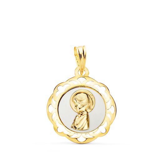 18K Medalla Oro Amarillo Virgen Niña Esmalte Blanco Y Cerco Calado En Brillo 20X18 Mm