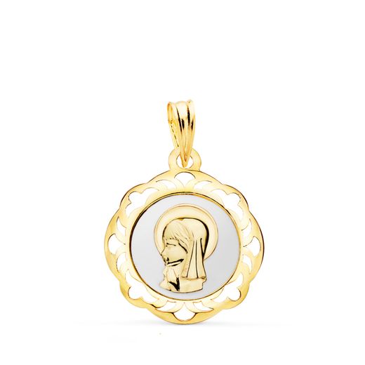 18K Medalla Oro Amarillo Virgen Niña Esmalte Blanco Y Cerco Calado En Brillo 20X18 Mm
