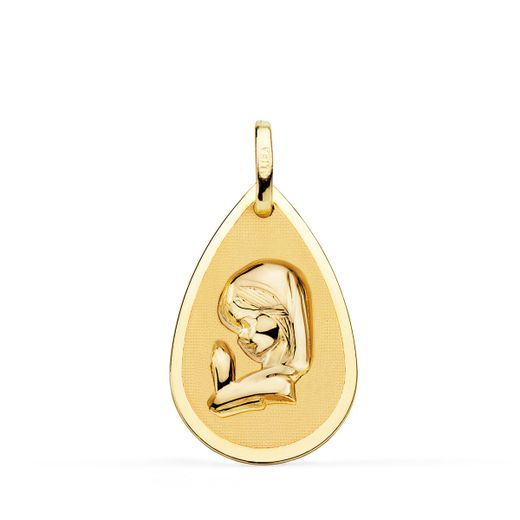 18K Medalla Oro Amarillo Virgen Niña Gota En Brillo Y Mate 23X15 Mm
