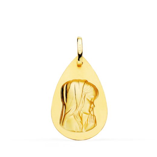 18K Medalla Oro Amarillo Virgen Niña Gota Liso 23X15 Mm