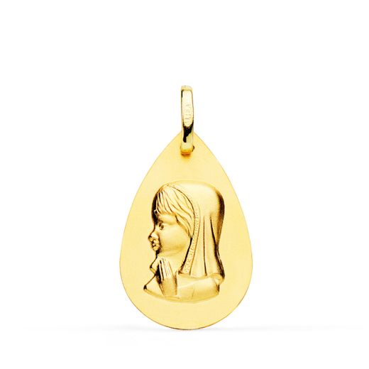 18K Medalla Oro Amarillo Virgen Niña Gota Liso 23X15 Mm
