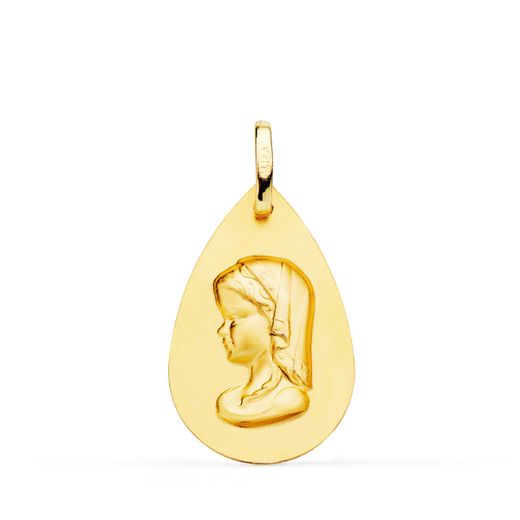 18K Medalla Oro Amarillo Virgen Niña Gota Liso 23X15 Mm