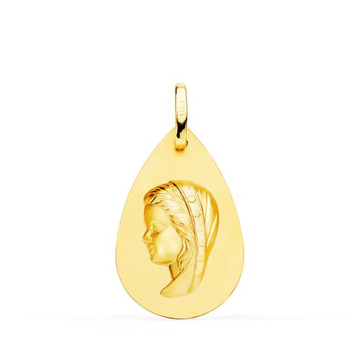 18K Medalla Oro Amarillo Virgen Niña Gota Liso 23X15 Mm