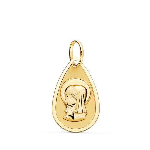 18K Medalla Oro Amarillo Virgen Niña Gota Tallada 19X11 Mm