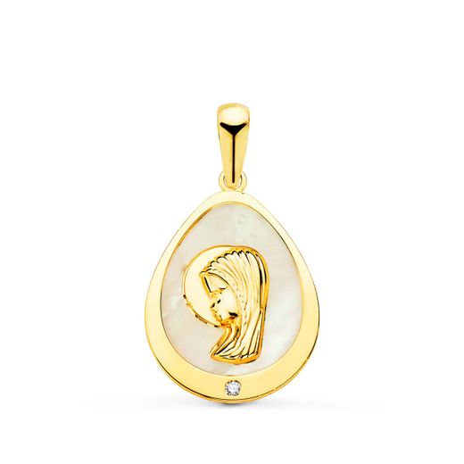 18K Medalla Oro Amarillo Virgen Niña Lagrima Con Nacar Y Circonita 15X12 Mm