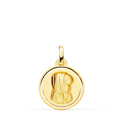 18K Medalla Oro Amarillo Virgen Niña Matizada Con Bisel 16 Mm