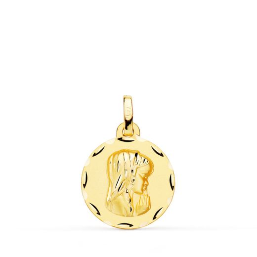 18K Medalla Oro Amarillo Virgen Niña Matizada Tallada 16 Mm