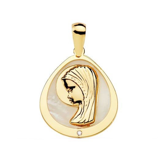 18K Medalla Oro Amarillo Virgen Niña Nacar 18X16 Mm