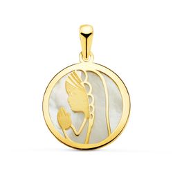 18K Medalla Oro Amarillo Virgen Niña Nacar Redonda 17 Mm