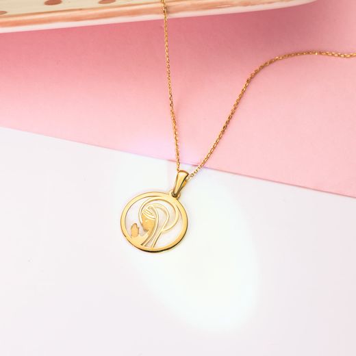 18K Medalla Oro Amarillo Virgen Niña Nacar Redonda 17 Mm