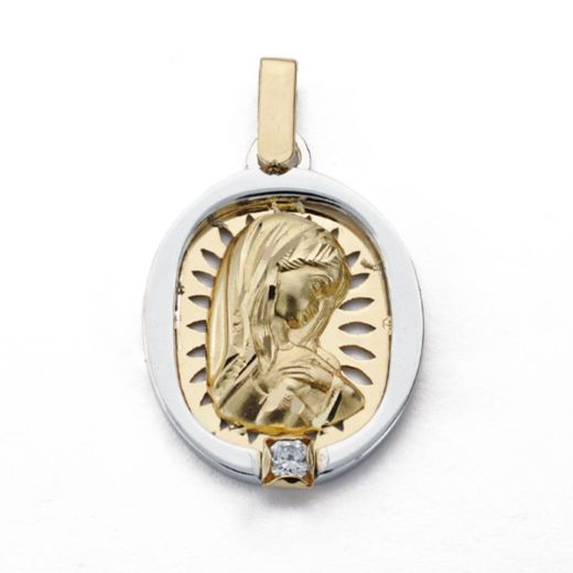 18K Medalla Oro Amarillo Virgen Niña Oro Bicolor Calada Con Circonita 24X17 Mm
