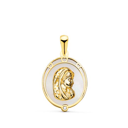 18K Medalla Oro Amarillo Virgen Niña Oval Con Nacar Blanco Y Circonita. Medida: 17X13 Mm