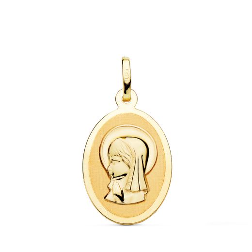 18K Medalla Oro Amarillo Virgen Niña Oval En Brillo 21X15 Mm