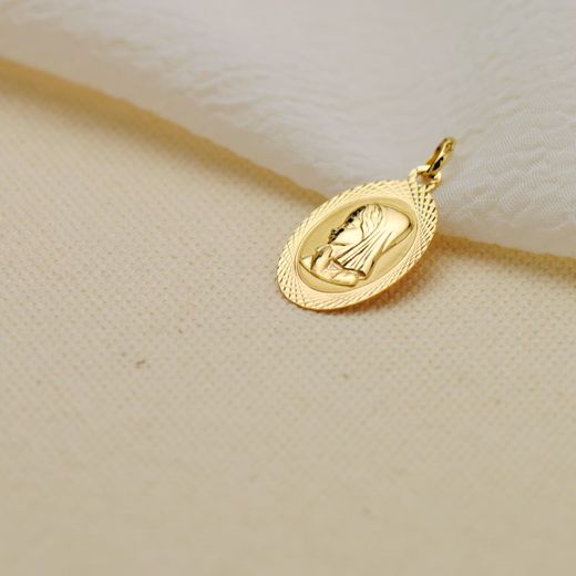 18K Medalla Oro Amarillo Virgen Niña Oval Tallada Brillo Y Mate 18X12 Mm
