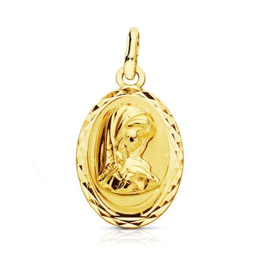 18K Medalla Oro Amarillo Virgen Niña Oval Tallada19X12 Mm