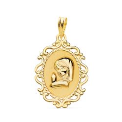 18K Medalla Oro Amarillo Virgen Niña Perfil Cerco Calado Brillo. 23 X 16 Mm