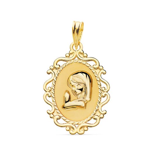 18K Medalla Oro Amarillo Virgen Niña Perfil Cerco Calado Brillo. 23 X 16 Mm
