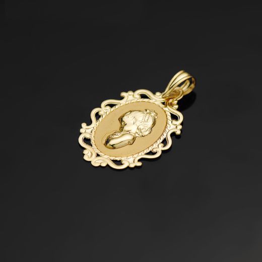 18K Medalla Oro Amarillo Virgen Niña Perfil Cerco Calado Brillo. 23 X 16 Mm