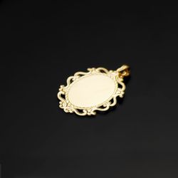 18K Medalla Oro Amarillo Virgen Niña Perfil Cerco Calado Brillo. 23 X 16 Mm