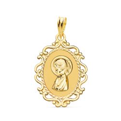18K Medalla Oro Amarillo Virgen Niña Perfil Cerco Calado Brillo 23X16 Mm