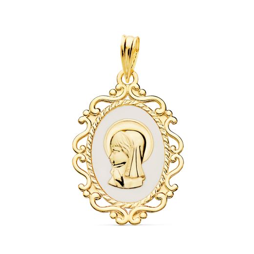 18K Medalla Oro Amarillo Virgen Niña Perfil Esmalte Blanco Y Cerco Calado Brillo 23X16 Mm