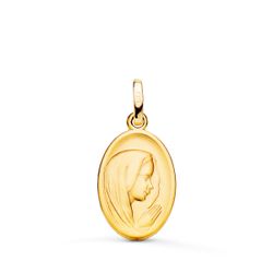 18K Medalla Oro Amarillo Virgen Niña Perfil Matizada Y Tallada 16X12 Mm
