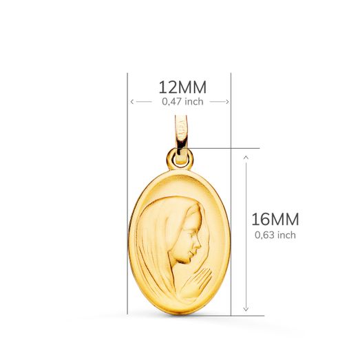 18K Medalla Oro Amarillo Virgen Niña Perfil Matizada Y Tallada 16X12 Mm