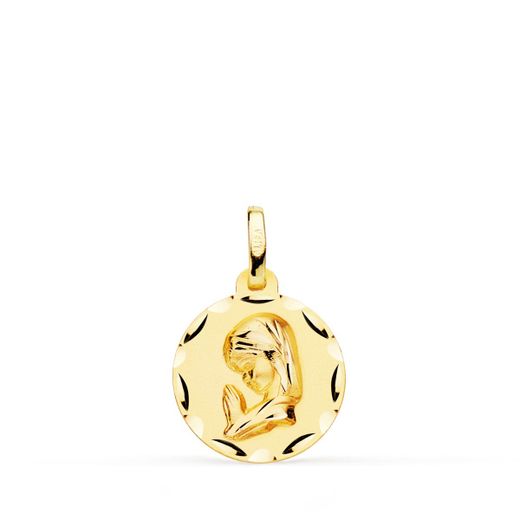 18K Medalla Oro Amarillo Virgen Niña Tallada 14 Mm