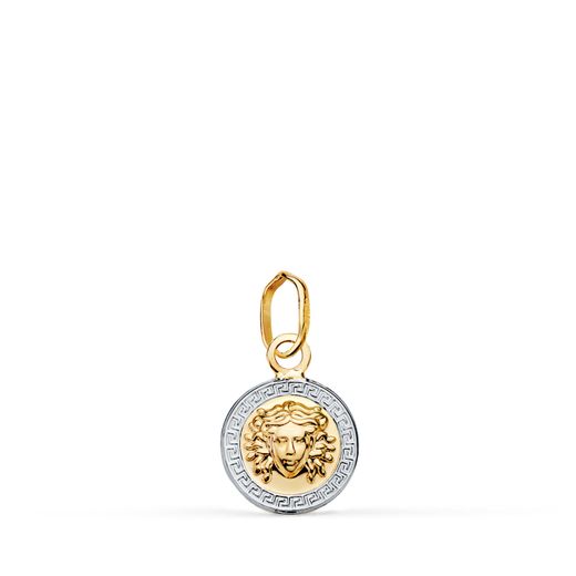 18K Medalla Oro Bicolor Medusa Greca En Brillo. Medida: 10 Mm