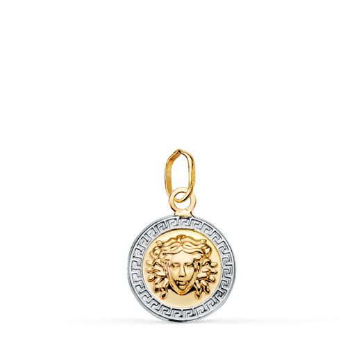 18K Medalla Oro Bicolor Medusa Greca En Brillo. Medida: 12 Mm