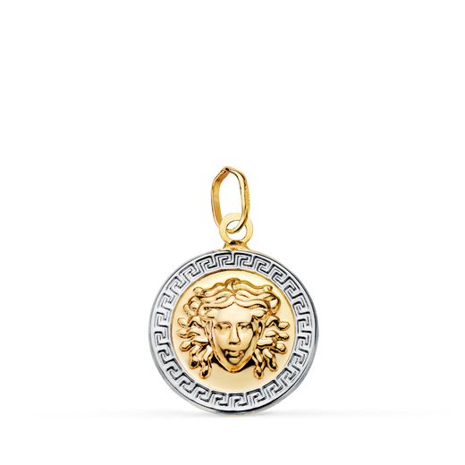 18K Medalla Oro Bicolor Medusa Greca En Brillo. Medida: 15 Mm