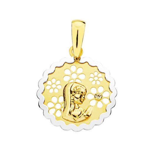 18K Medalla Oro Bicolor Virgen Niña Circonita 15 Mm