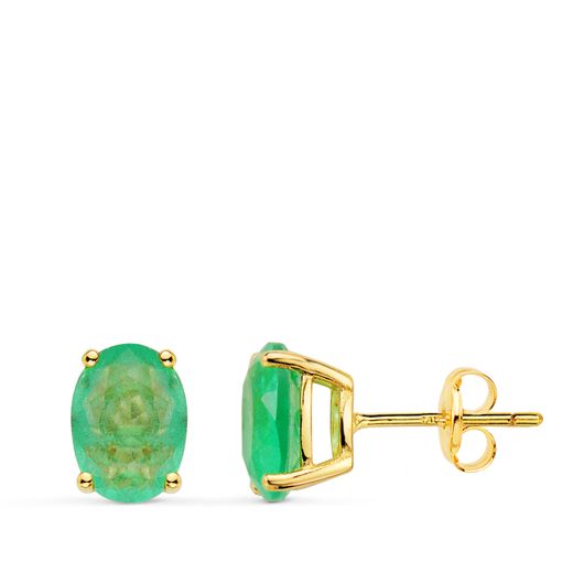18K Pedientes Oro Amarillo Garras Piedra Cuarzo Verde 8 X 6 Mm Cierre Presion