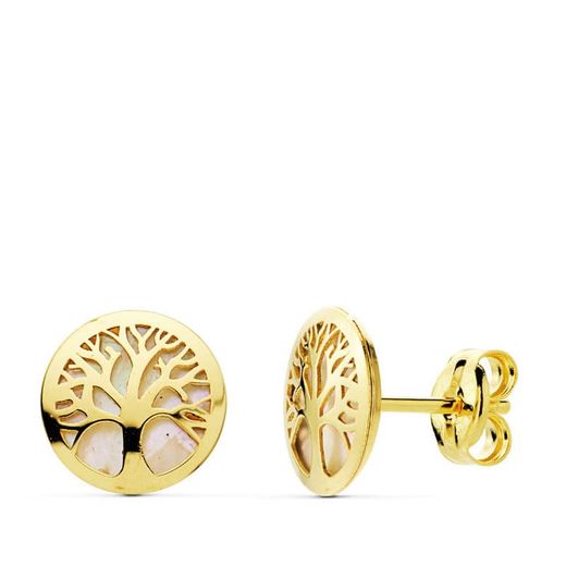 18K Pendientes Arbol De La Vida Oro Amarillo 8 Mm Nacar Cierre Presion