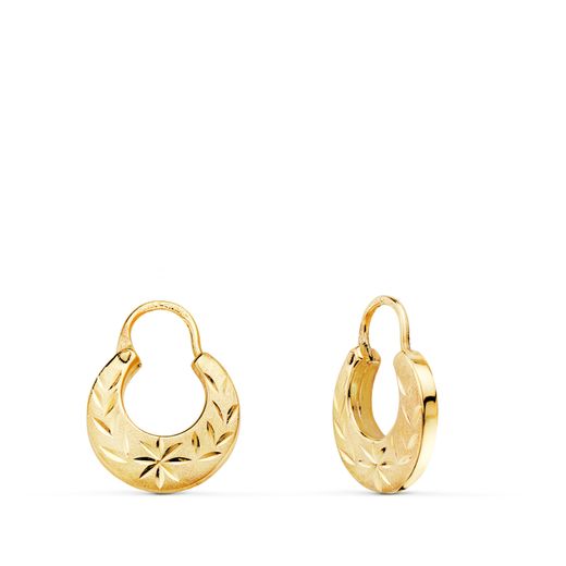 18K Pendientes Aros Criolla Oro Amarillo Huecos Tallados. Ancho: 11Mm. Grosor: 2Mm