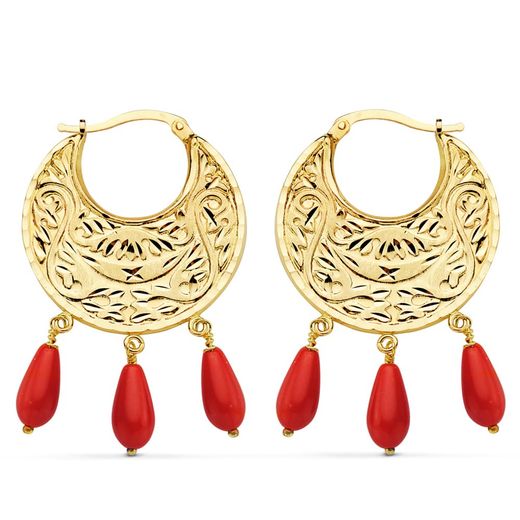 18K Pendientes Aros Oro Amarillo Tallados Coral 32X25 Mm