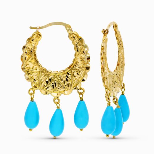 18K Pendientes Aros Oro Amarillo Tallados Lagrima Turquesa