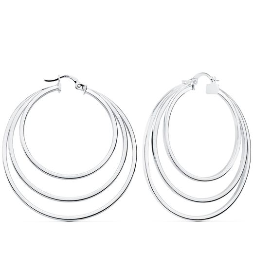 18K Pendientes Aros Triples Oro Blanco Huecos Redondos 43 Mm