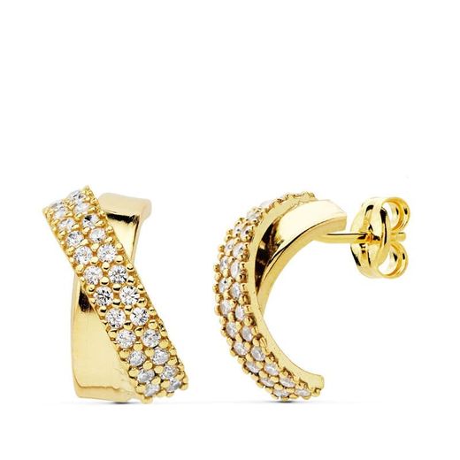 18K Pendientes Bandas Circonita Oro Amarillo 13X6 Mm Cierre Presion