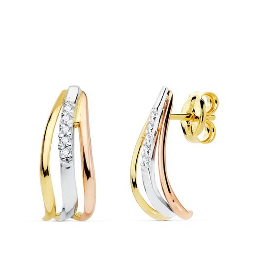 18K Pendientes Bandas Tricolor Circonita 15X6 Mm Cierre Presion