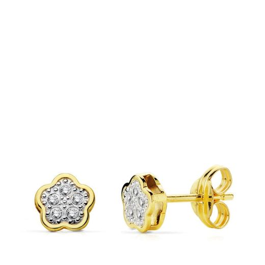 18K Pendientes Bicolor Flor 5X5 Mm Cierre Presion
