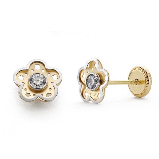 18K Pendientes Bicolor Flor Circonita 7 Mm Cierre Tuerca