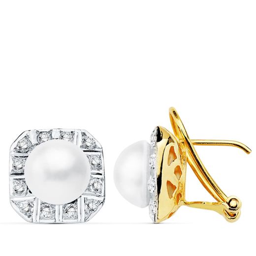 18K Pendientes Bicolor Perla Japonesas 8 Mm Cierre Omega
