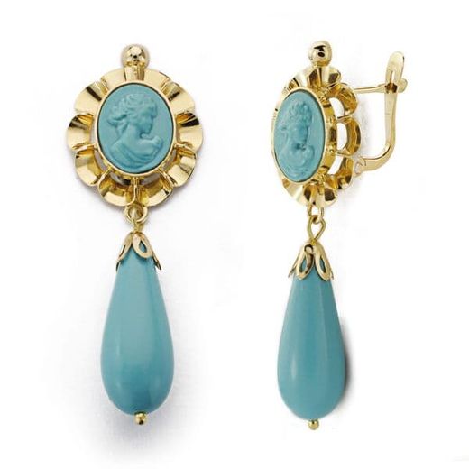 18K Pendientes Camafeo Turquesa Oro Amarillo 43X14 Mm Cierre Catalan